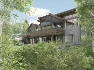 Experience modern luxury in this stunning home, featuring expansive glass windows and a multi-level deck perfect for entertaining.