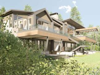 Experience modern luxury in this stunning mountain home, featuring expansive glass walls and natural stone accents that blend seamlessly with the surrounding forest.