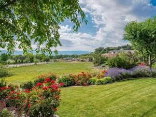 Experience the beauty of this expansive property, featuring vibrant red roses and calming lavender bushes that lead to a lush green lawn.