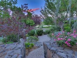 Discover an enchanting backyard oasis featuring a serene pond, lush greenery, and vibrant pink roses.