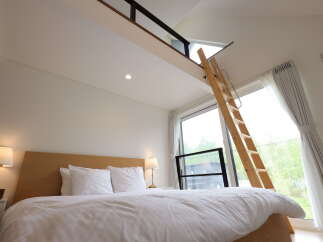 Experience unique living with this loft-style bedroom, featuring a charming wooden ladder leading to an elevated space.
