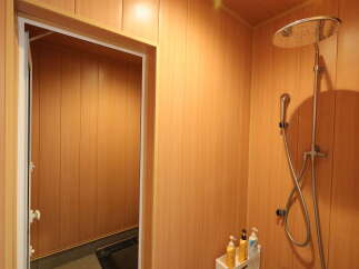 Experience a spa-like retreat in this bathroom featuring a modern shower with a rainfall showerhead and a handheld wand.
