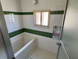 This bathroom features a classic design with white tiled walls accented by a horizontal green tile stripe.
