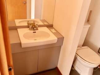This bathroom features a clean white sink with chrome fixtures, set against a modern grey vanity.