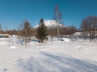 Experience the serene beauty of a winter wonderland with this stunning property nestled against a majestic snow-capped mountain.