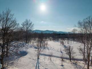 Embrace the serene beauty of winter with this stunning property, nestled amidst a picturesque snow-covered landscape.