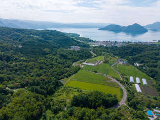Discover this stunning aerial view of a property nestled amidst lush greenery, overlooking a serene lake and distant mountains.