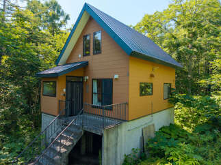 Nestled amidst lush greenery, this charming wooden house offers a serene retreat.
