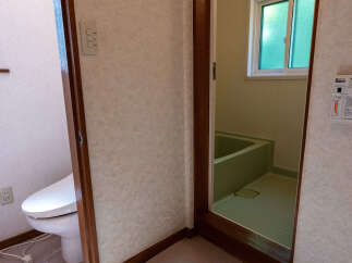 This bathroom features a modern white toilet and a separate bathing area with a light green bathtub.