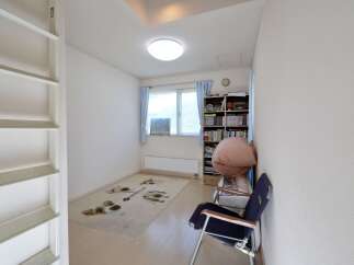 Discover this charming room featuring a large window with blue curtains, a cozy rug with dog motifs, and a practical bookshelf filled with various items.