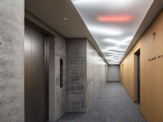 Experience modern living in this stylish hallway featuring a sleek elevator and contrasting concrete and wood-paneled walls.
