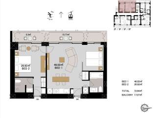 Experience luxurious living in this spacious apartment featuring two well-appointed bedrooms, including a master suite of 46.