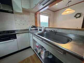 Discover this charming kitchen featuring a spacious stainless steel sink and a convenient gas stovetop.