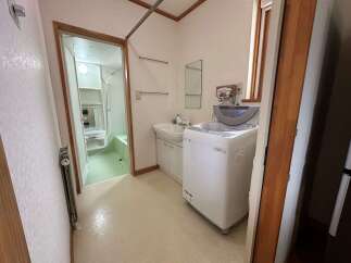 Discover this functional bathroom and laundry area, featuring a top-loading washing machine and a compact sink with storage.