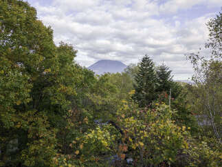 Experience the beauty of autumn from this property, offering stunning views of a majestic mountain peak framed by vibrant fall foliage.