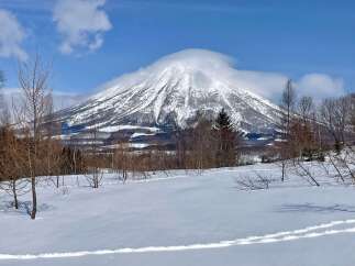 Experience the serene beauty of a winter wonderland with this stunning mountain view.