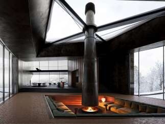 Experience unparalleled luxury in this modern architectural marvel, featuring a sunken living area with a central fireplace and panoramic mountain views.