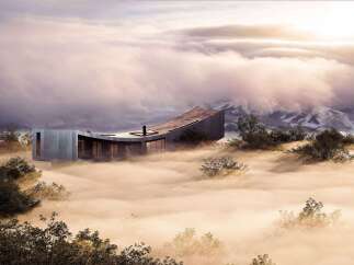 Experience modern luxury in this stunning architectural home nestled amidst breathtaking mountain scenery and ethereal fog.