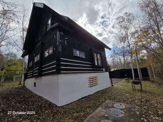 Discover this unique property featuring a striking black wooden house with contrasting white horizontal accents, set against a backdrop of autumn trees.