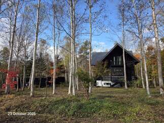 Discover this charming black lodge nestled amongst vibrant autumn trees, offering a unique retreat experience.