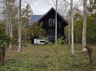 Discover this unique black A-frame lodge nestled in a serene forest setting.