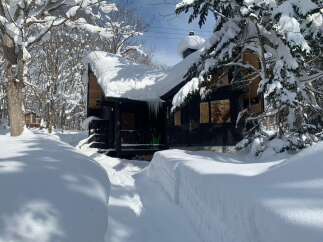 Escape to this charming winter cabin nestled in a snowy wonderland.