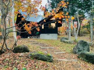 Escape to this charming cabin nestled amidst vibrant autumn foliage.
