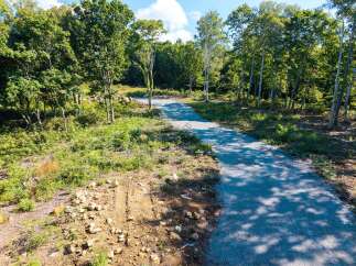 Discover this serene property featuring a well-maintained gravel pathway winding through lush greenery and mature trees.