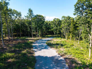Discover your private oasis with this scenic property featuring a winding gravel driveway leading through a lush, wooded landscape.