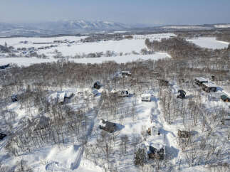 Discover a serene winter wonderland with this charming collection of cabins nestled amidst snow-covered trees.