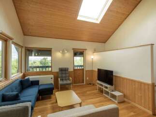 Experience cozy living in this charming room featuring a vaulted wood-paneled ceiling and a skylight that floods the space with natural light.