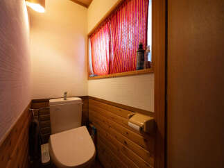 Discover this cozy bathroom featuring a modern toilet with a bidet function and a convenient toilet paper holder.