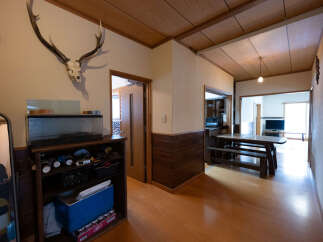 Discover a unique living space featuring a rustic aesthetic with a mounted deer skull and a wooden ceiling.