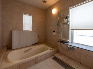 This spacious bathroom features a large, built-in bathtub with a sleek chrome handle, perfect for relaxing soaks.