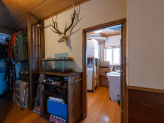 Discover a unique living space featuring a rustic wooden interior and a charming entryway.