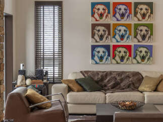 This living room boasts a vibrant and artistic flair with a striking collection of pop art dog portraits adorning the wall.
