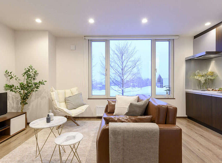 Experience modern living in this beautifully appointed apartment, featuring a spacious living area with a comfortable brown leather sofa and a stylish accent chair.
