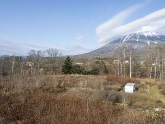 Discover a serene landscape featuring a majestic snow-capped mountain as a backdrop to a charming rural setting.