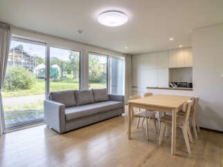 Experience modern living in this spacious apartment featuring a comfortable grey sofa and a light wood dining set perfect for intimate meals.