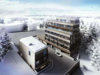 Experience modern living in this stunning architectural design, featuring sleek lines and expansive glass balconies perfect for enjoying the serene winter landscape.