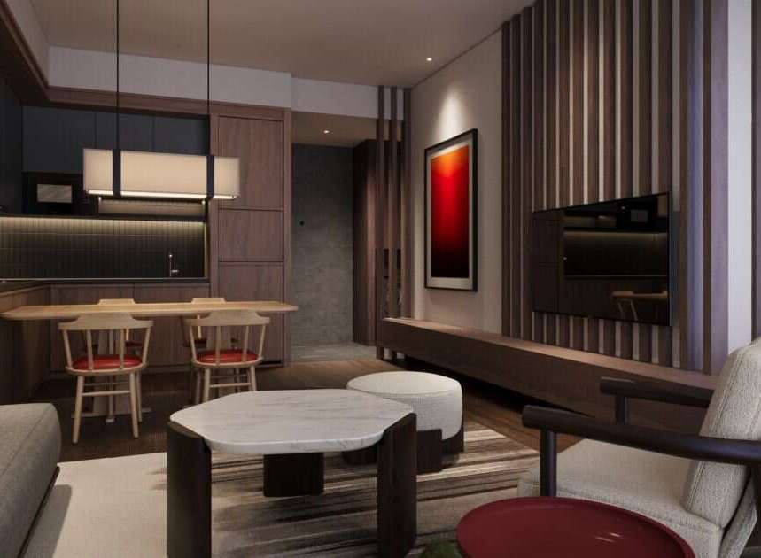 Experience modern living in this beautifully designed apartment, featuring a sleek open-plan kitchen with integrated appliances and a stylish dining area perfect for intimate meals.