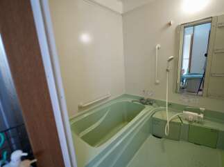 This bathroom features a spacious, light green bathtub with built-in grab bars for safety and accessibility.