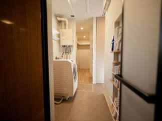 Discover a well-organized laundry space featuring a modern washing machine and a water heater, complemented by convenient shelving for storage.