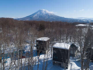 Experience serene winter living in this modern architectural retreat nestled amidst snow-covered trees.