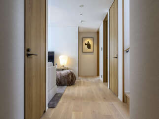 Step into a modern hallway featuring elegant wooden doors and a light oak floor.
