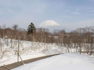 Experience the serene beauty of winter with this stunning property offering breathtaking views of a snow-capped mountain.