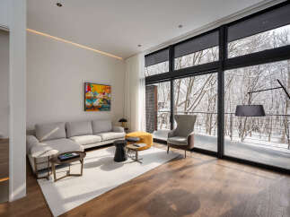 Experience modern living with breathtaking winter views from this stunning living room.