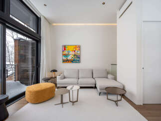 Experience modern living in this stylish living room, featuring a comfortable sectional sofa and a vibrant abstract artwork.