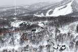 Discover this expansive winter wonderland, featuring a ski resort nestled amidst snow-covered mountains and dense forests.