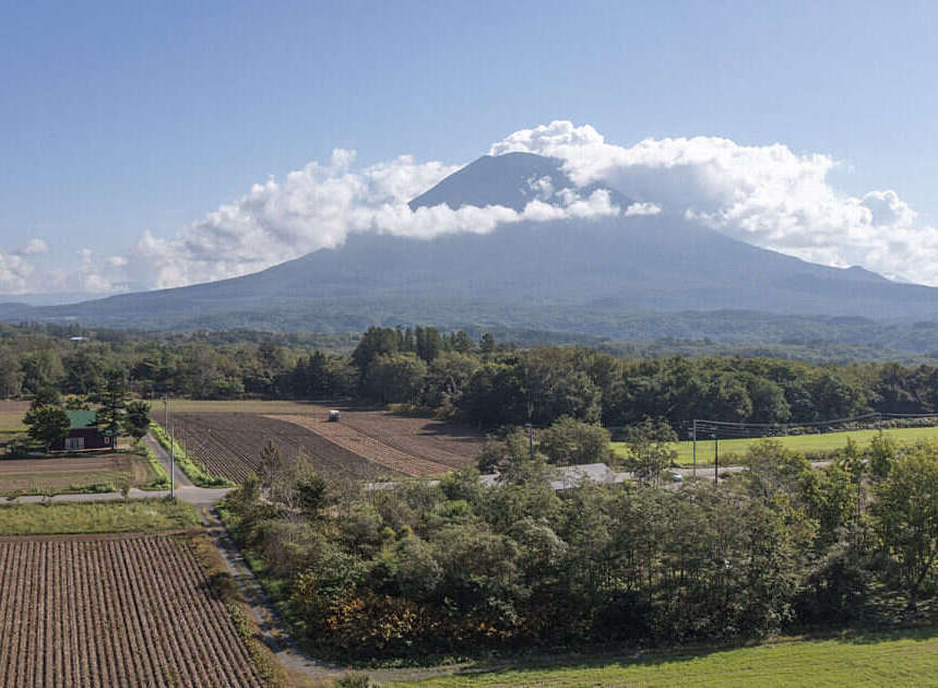 Discover this picturesque rural landscape featuring a majestic mountain partially shrouded in clouds, offering a serene backdrop to the cultivated fields below.